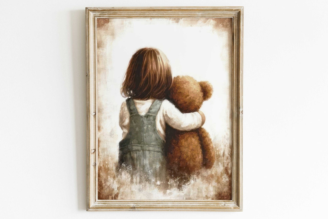 Girl and Teddy Bear Print – Vintage Nursery Wall Art for Girls