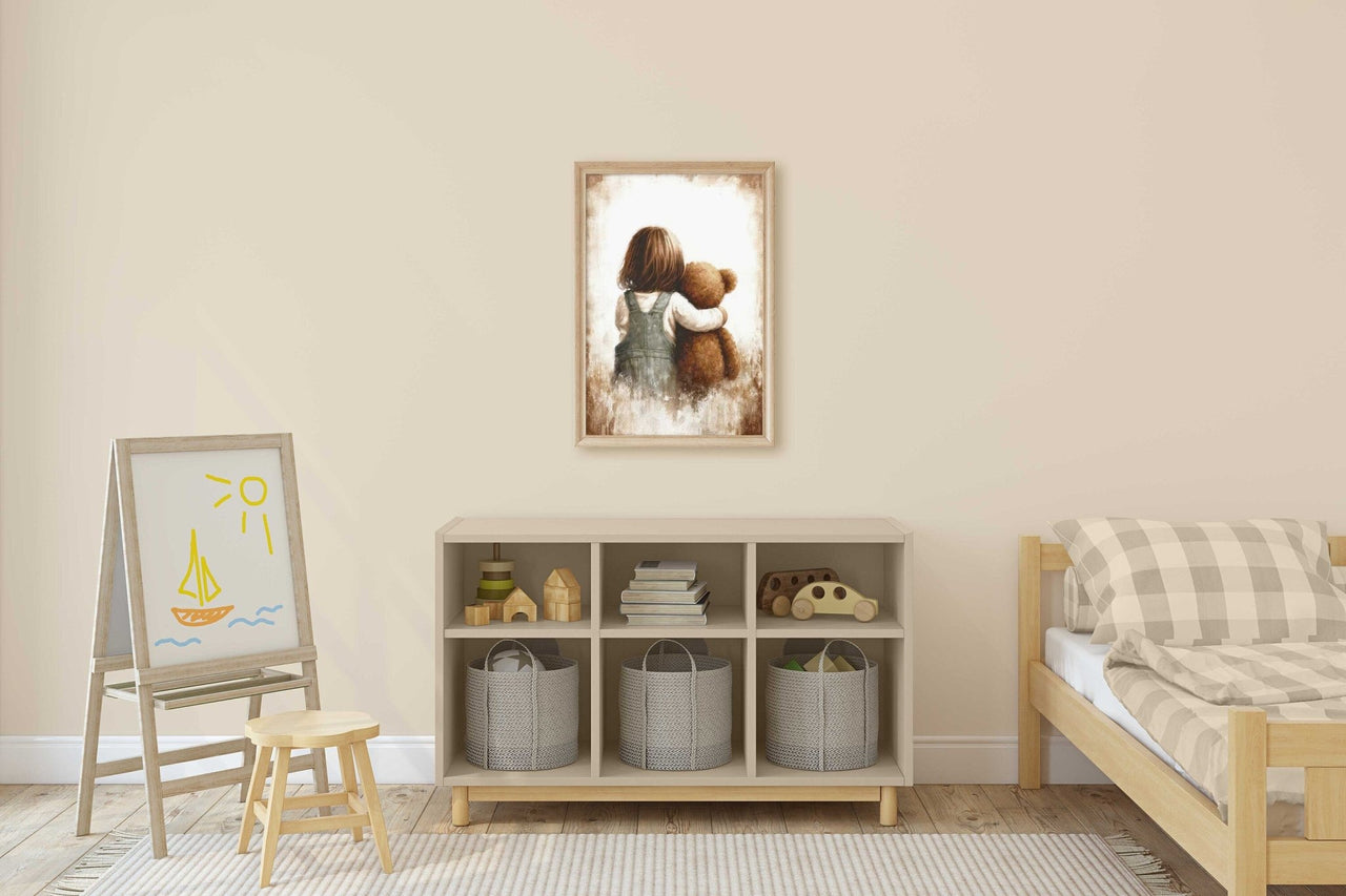 Girl and Teddy Bear Print – Vintage Nursery Wall Art for Girls