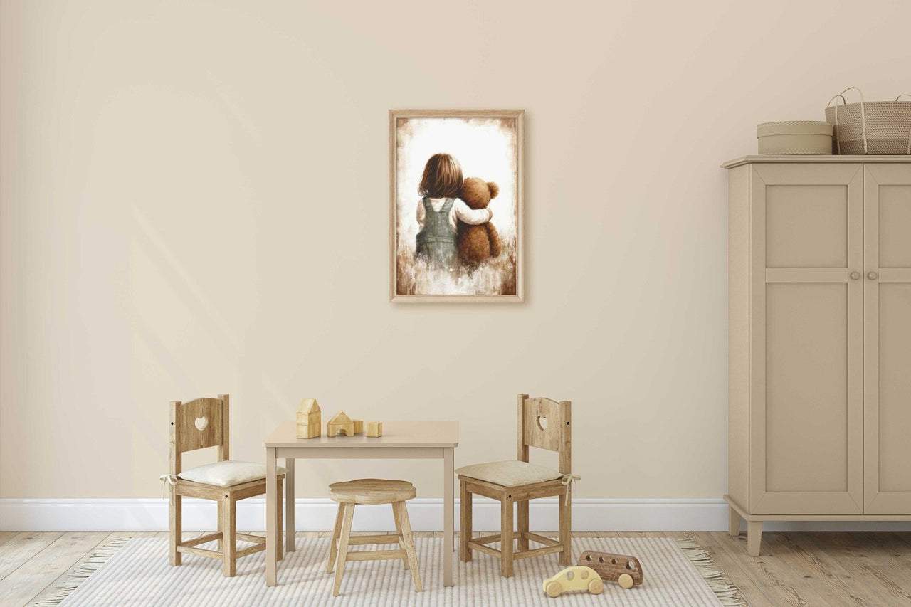 Girl and Teddy Bear Print – Vintage Nursery Wall Art for Girls