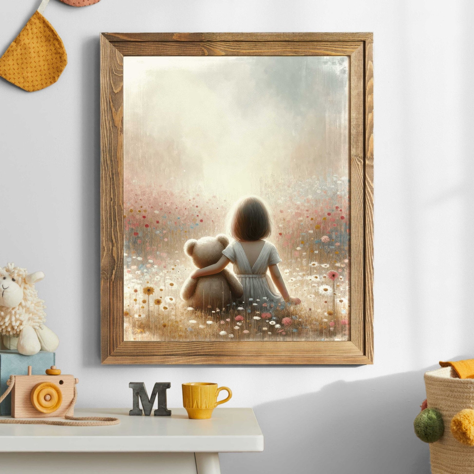 Girl & Teddy Bear Nursery Print, Cute Girls Room Decor - WildfieldPrints
