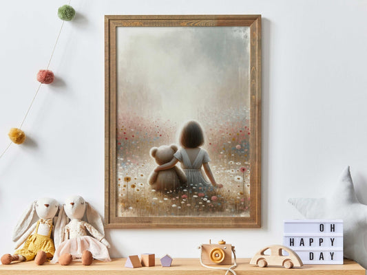 Girl & Teddy Bear Nursery Print, Cute Girls Room Decor - WildfieldPrints