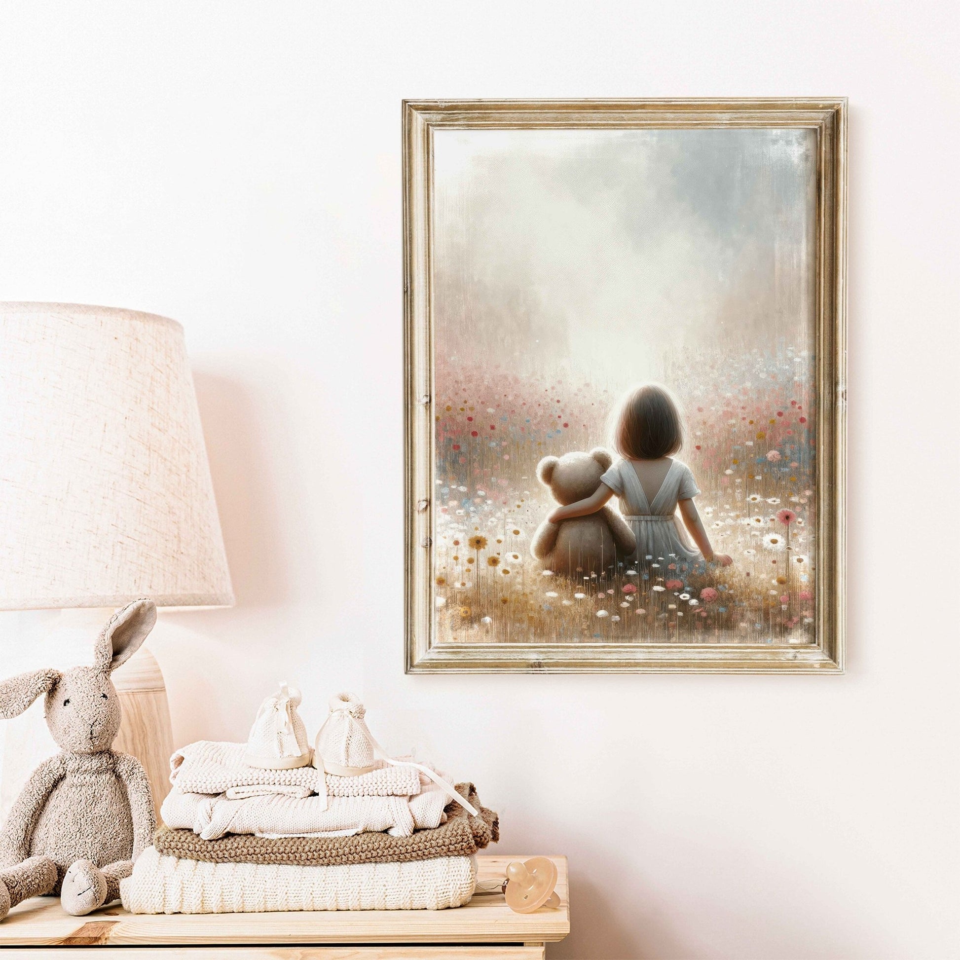 Girl & Teddy Bear Nursery Print, Cute Girls Room Decor - WildfieldPrints