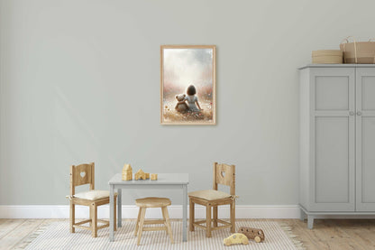 Girl & Teddy Bear Nursery Print, Cute Girls Room Decor - WildfieldPrints