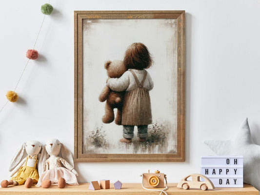 Girl & Teddy Bear Print, Vintage Girls Room Decor, Unique Nursery Art - WildfieldPrints