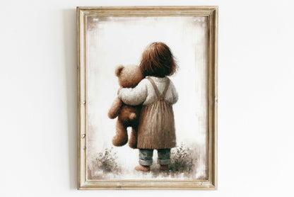 Girl & Teddy Bear Print, Vintage Girls Room Decor, Unique Nursery Art - WildfieldPrints