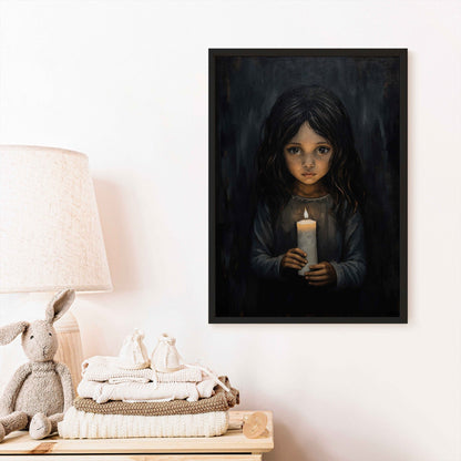 Girl with Candlelight, Black Nursery Print, Vintage Rustic Decor - WildfieldPrints