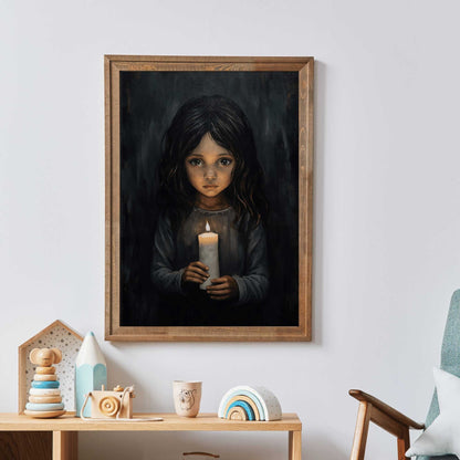 Girl with Candlelight, Black Nursery Print, Vintage Rustic Decor - WildfieldPrints