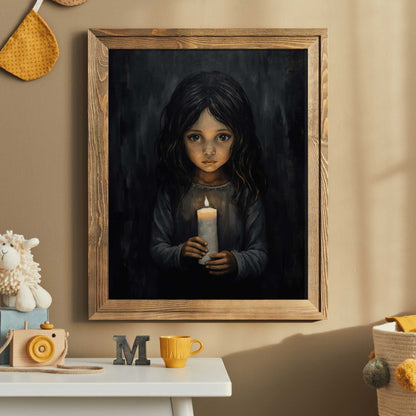 Girl with Candlelight, Black Nursery Print, Vintage Rustic Decor - WildfieldPrints