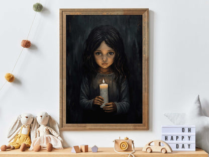 Girl with Candlelight, Black Nursery Print, Vintage Rustic Decor - WildfieldPrints