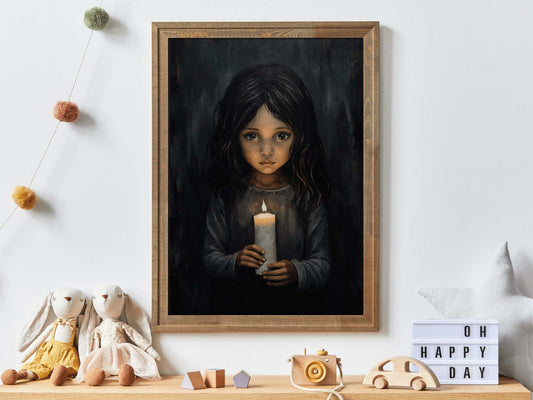 Girl with Candlelight, Black Nursery Print, Vintage Rustic Decor - WildfieldPrints