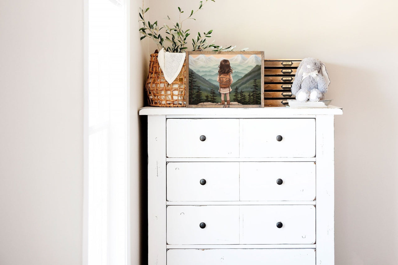 Little Girl Backpack Wall Art – Adventure Nursery Print