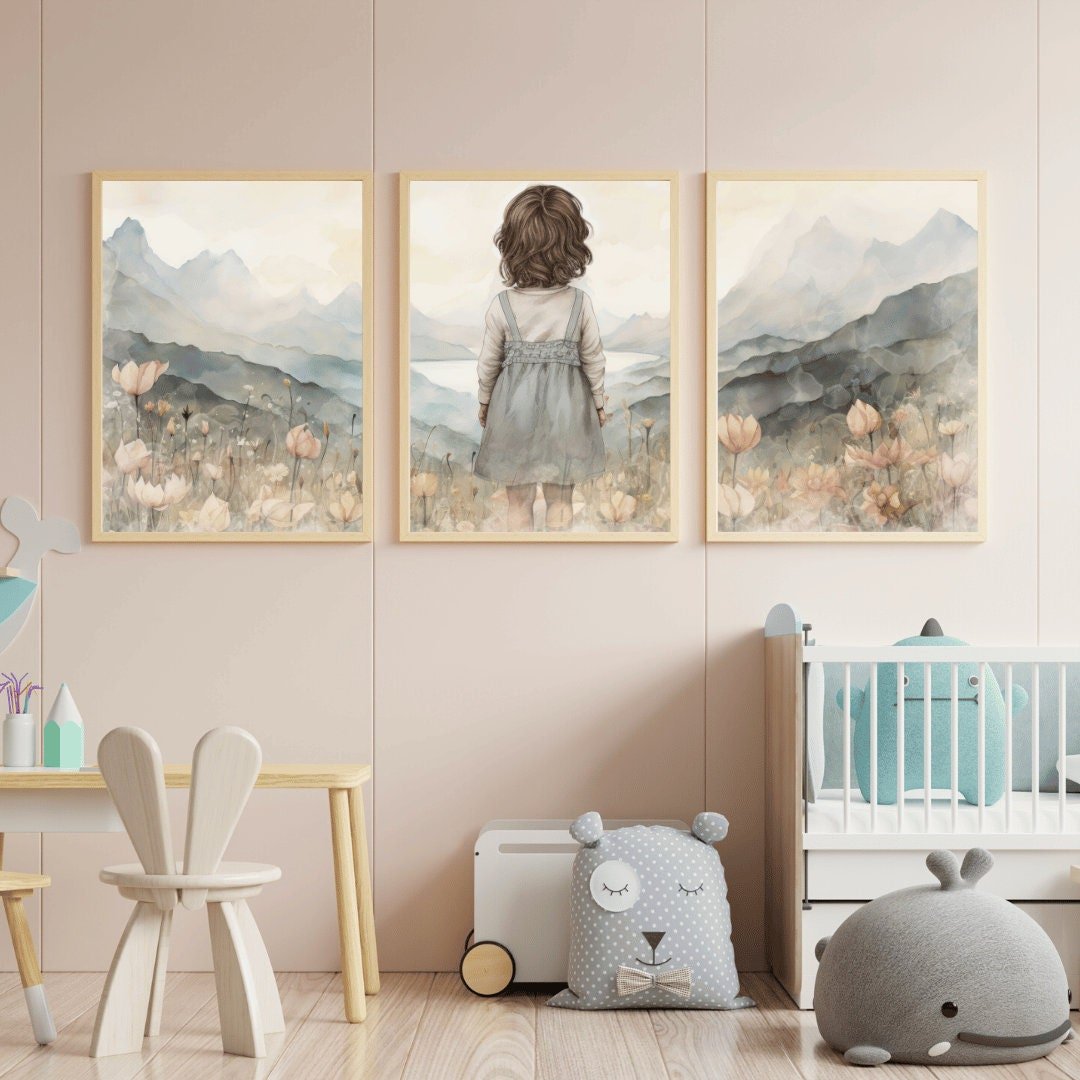 Adventure Nursery Wall Art – Floral Girls Room Print • Set of 3