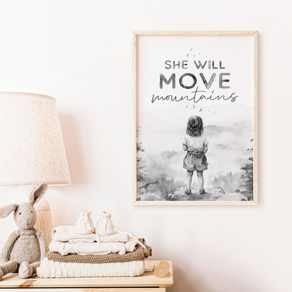 Girls Nursery Quote, She Will Move Mountains, Empowering Decor - WildfieldPrints