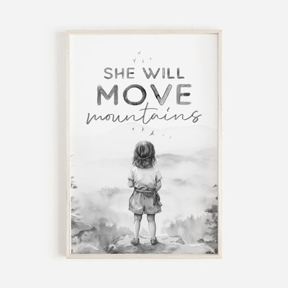 Girls Nursery Quote, She Will Move Mountains, Empowering Decor - WildfieldPrints