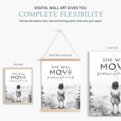 Girls Nursery Quote, She Will Move Mountains, Empowering Decor - WildfieldPrints
