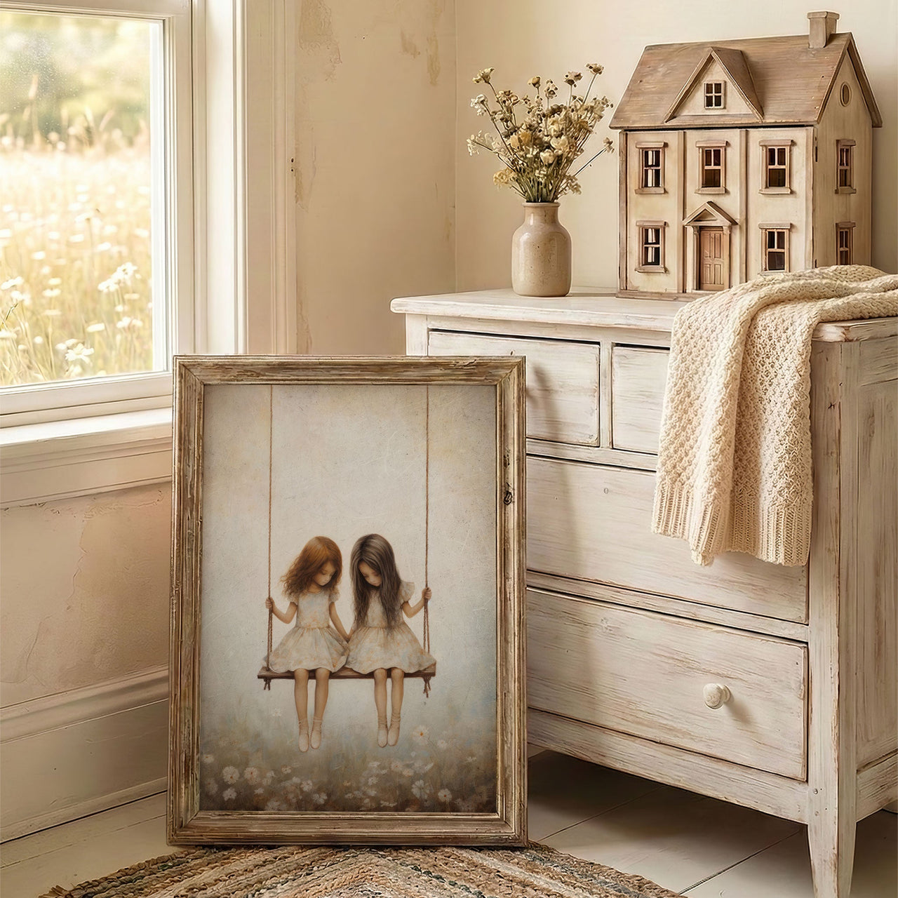 Girls on Swing Wall Art – Vintage Girls Room Print