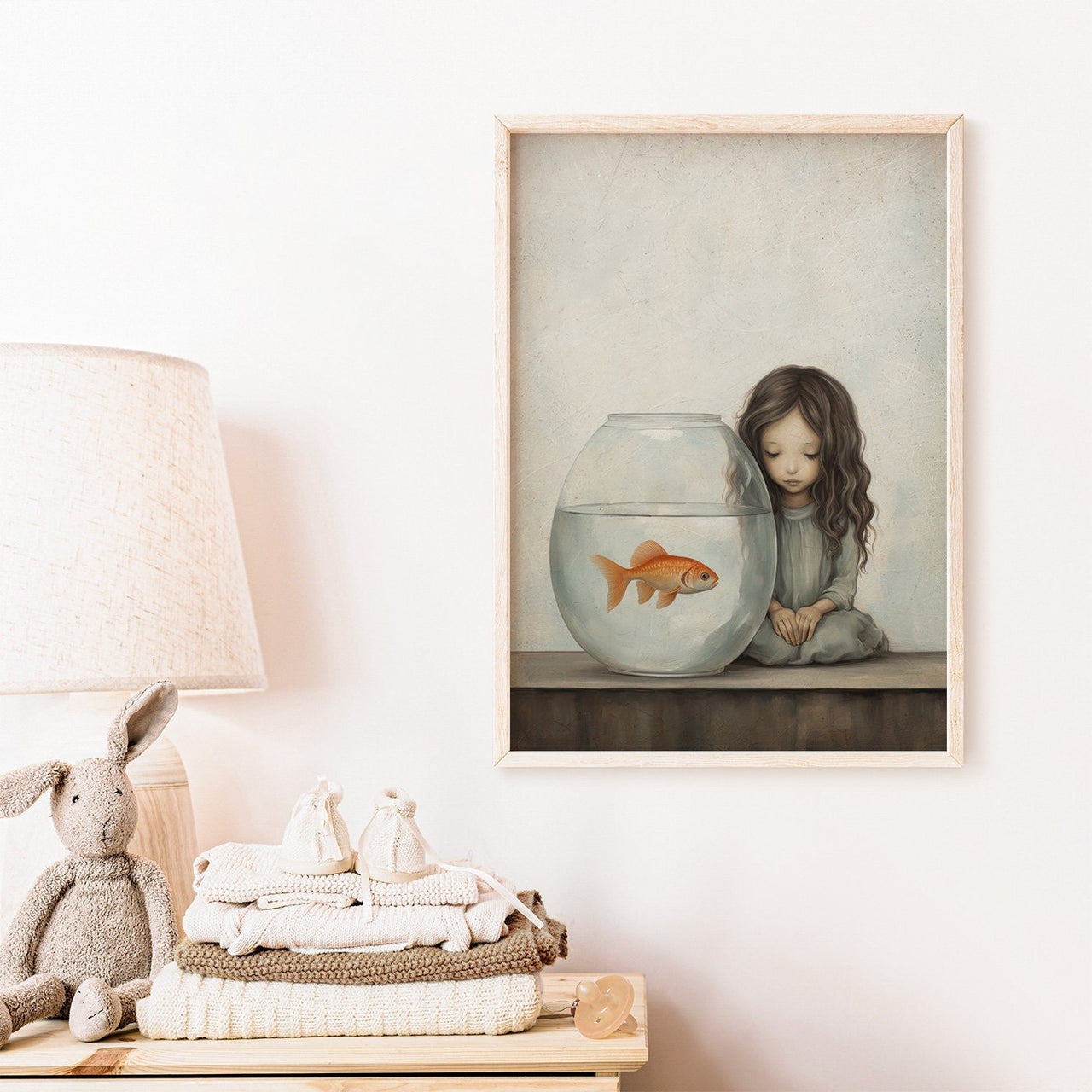 Girl and Goldfish Wall Art – Vintage Nursery Print for Girls Room