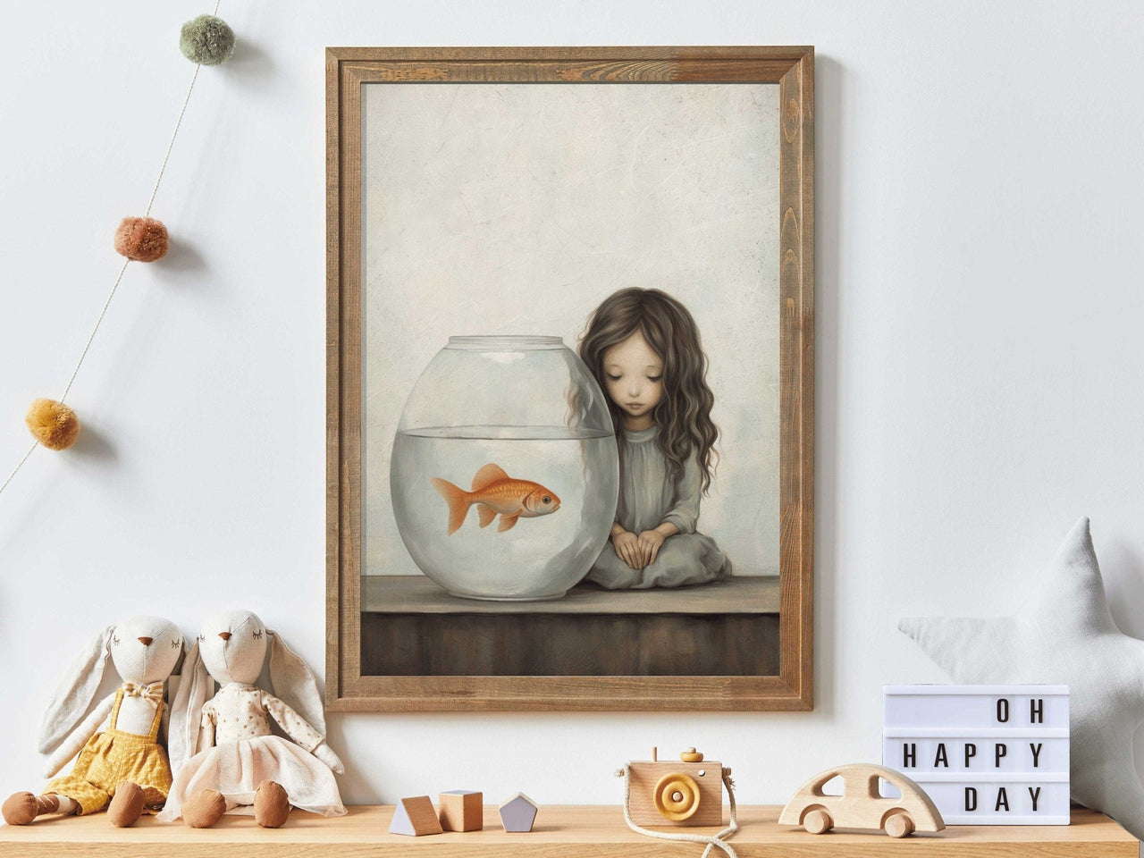 Girl and Goldfish Wall Art – Vintage Nursery Print for Girls Room
