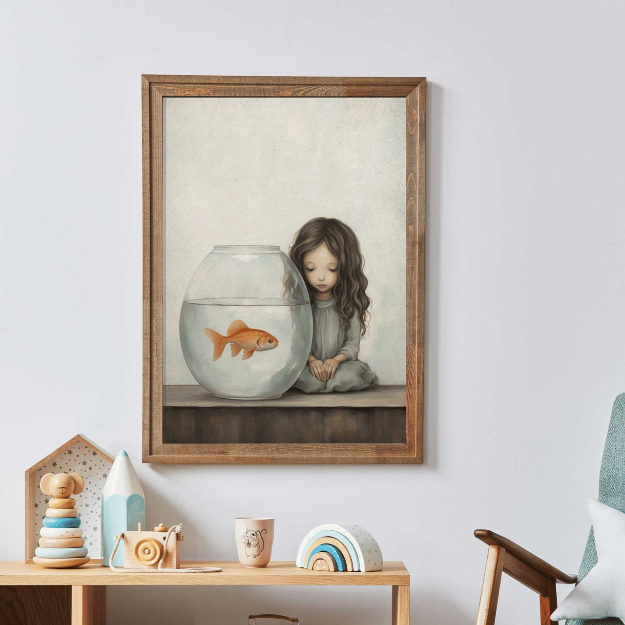 Girl and Goldfish Wall Art – Vintage Nursery Print for Girls Room