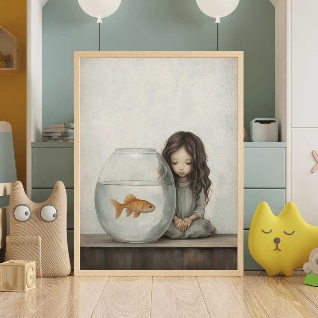 Girl and Goldfish Wall Art – Vintage Nursery Print for Girls Room