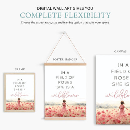 Girls Room Quote, Nursery Wall Art, In a Field of Roses Wildflower - WildfieldPrints