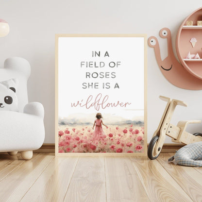 Girls Room Quote, Nursery Wall Art, In a Field of Roses Wildflower - WildfieldPrints