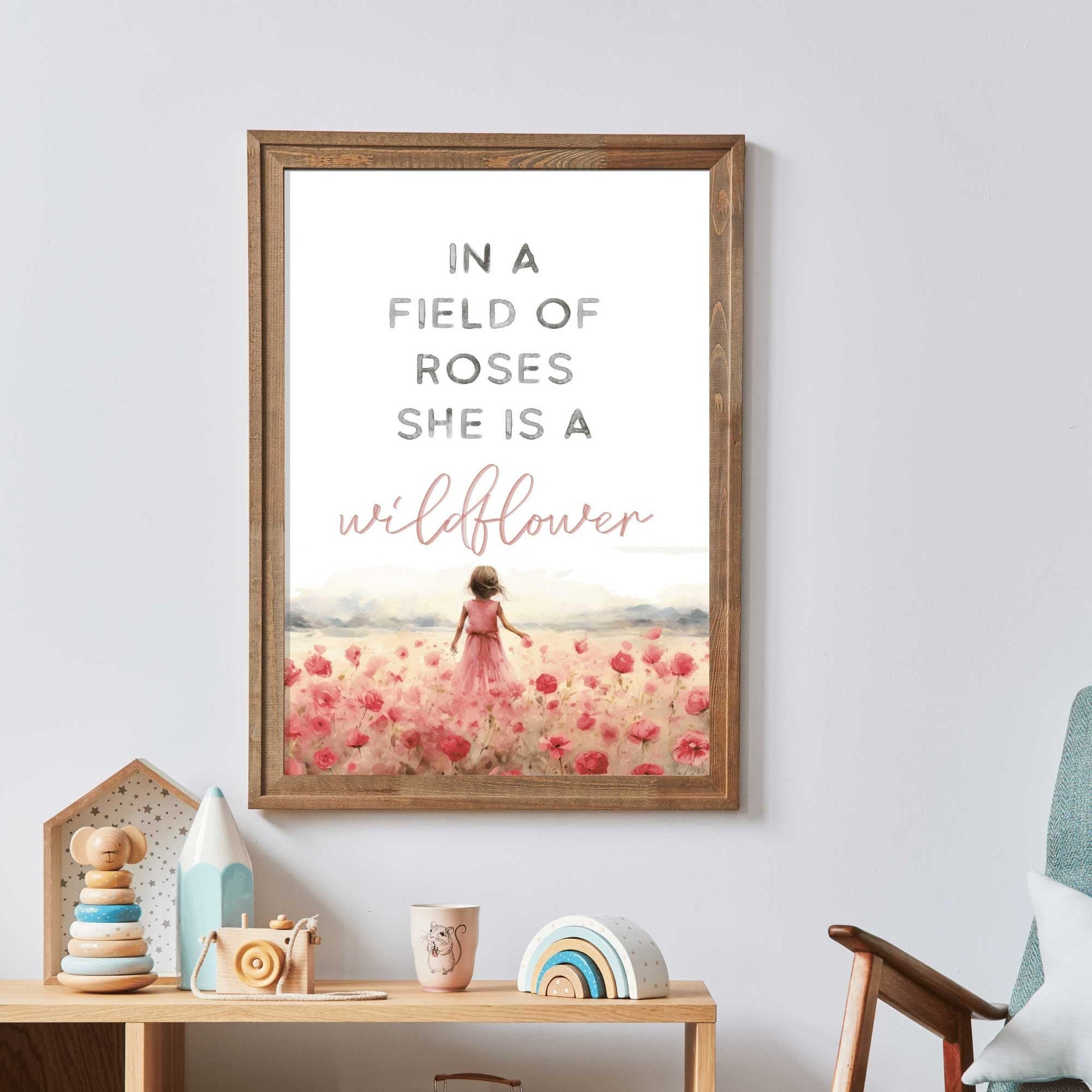 Girls Room Quote, Nursery Wall Art, In a Field of Roses Wildflower - WildfieldPrints