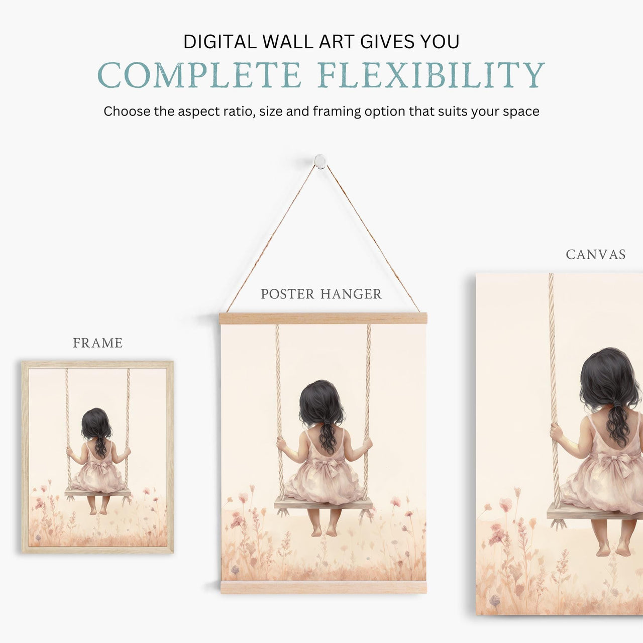 Swinging Girl Wall Art – Nursery Room Print • Set of 3