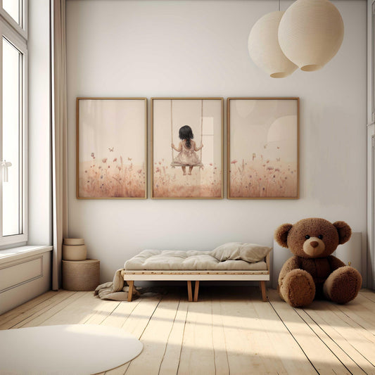 Swinging Girl Wall Art – Nursery Room Print • Set of 3