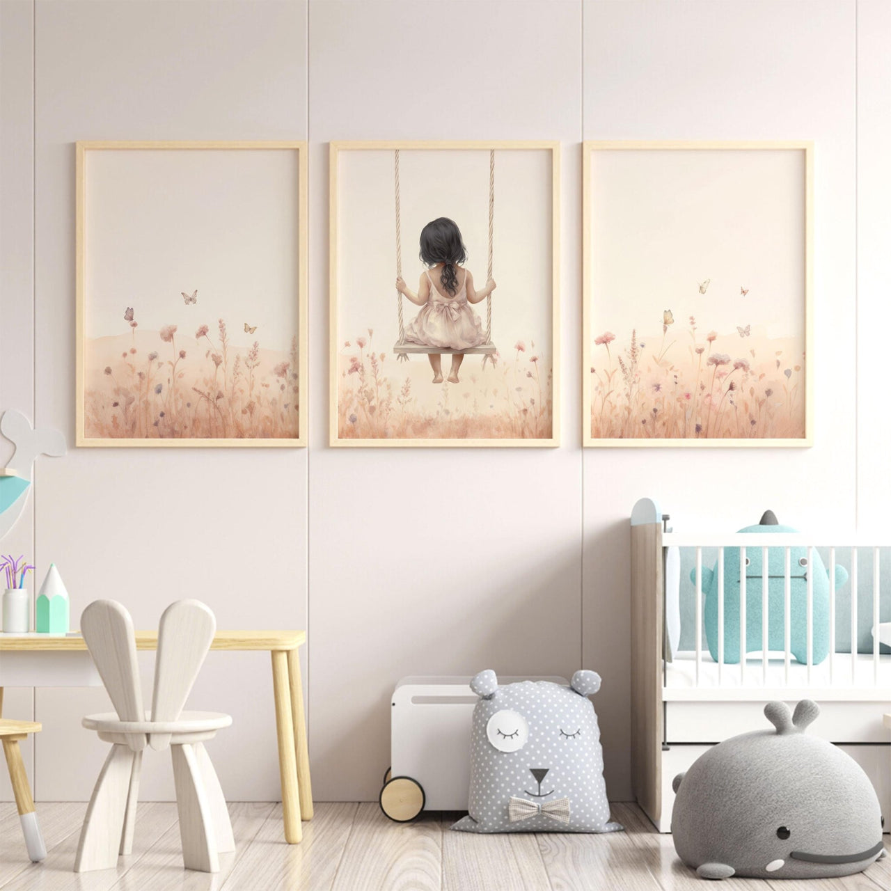 Swinging Girl Wall Art – Nursery Room Print • Set of 3