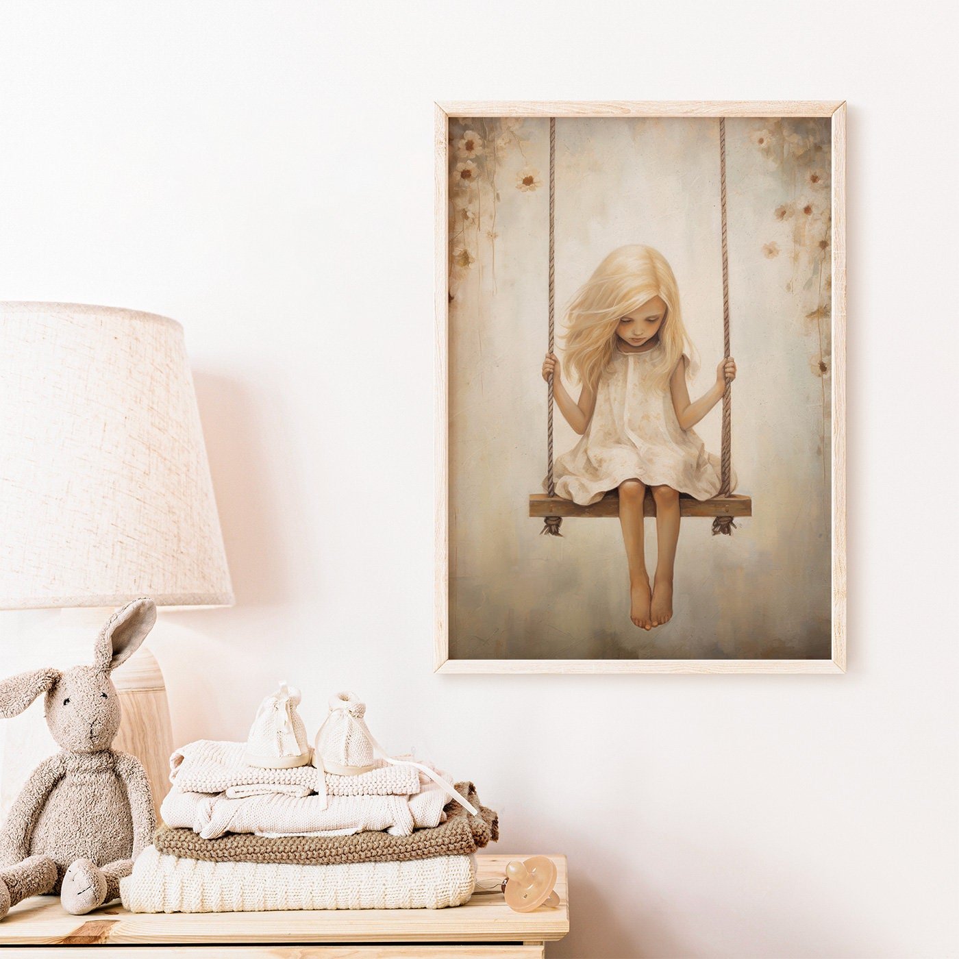 Girly Wall Art, Floral Nursery Print, Vintage Swing Decor for Girls - WildfieldPrints