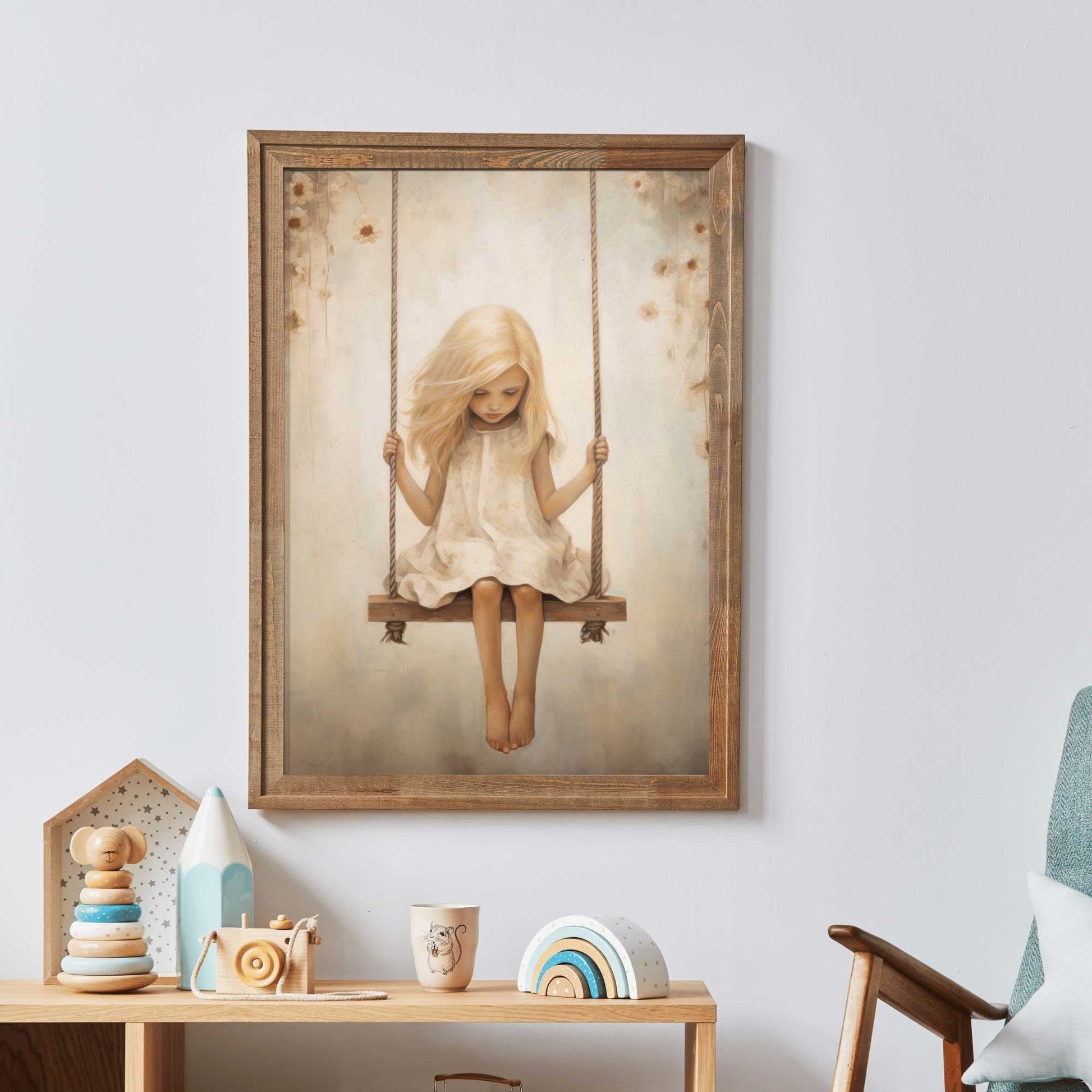 Girly Wall Art, Floral Nursery Print, Vintage Swing Decor for Girls - WildfieldPrints