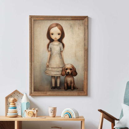 Girly Wall Art, Girl and Dog Print, Puppy Nursery Decor, Vintage Style - WildfieldPrints