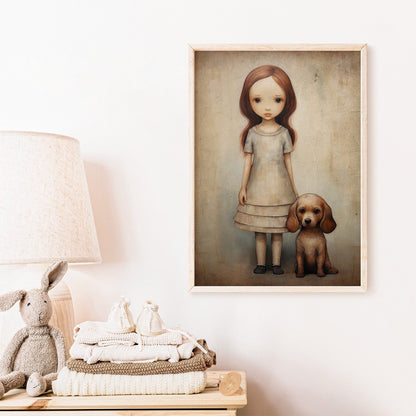 Girly Wall Art, Girl and Dog Print, Puppy Nursery Decor, Vintage Style - WildfieldPrints