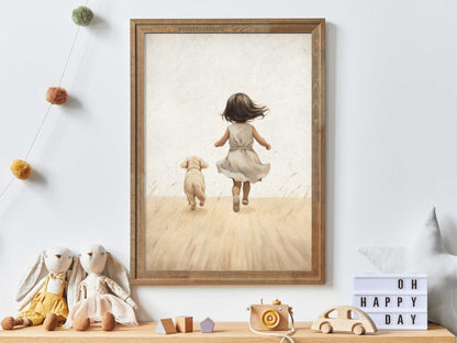 Girly Wall Art, Girl and Dog Print, Vintage Puppy Room Decor - WildfieldPrints