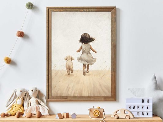 Girly Wall Art, Girl and Dog Print, Vintage Puppy Room Decor - WildfieldPrints