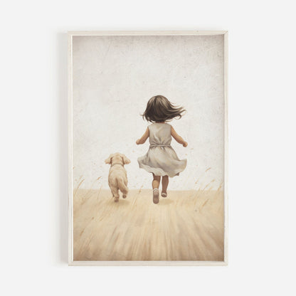 Girly Wall Art, Girl and Dog Print, Vintage Puppy Room Decor - WildfieldPrints