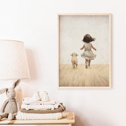Girly Wall Art, Girl and Dog Print, Vintage Puppy Room Decor - WildfieldPrints