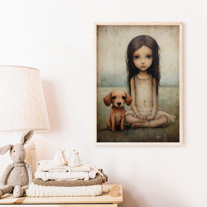 Girly Wall Art Print, Dog and Girl Decor, Vintage Nursery Artwork - WildfieldPrints