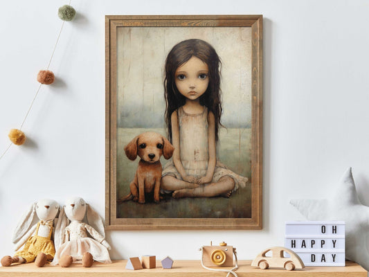 Girly Wall Art Print, Dog and Girl Decor, Vintage Nursery Artwork - WildfieldPrints