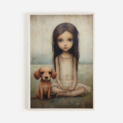 Girly Wall Art Print, Dog and Girl Decor, Vintage Nursery Artwork - WildfieldPrints