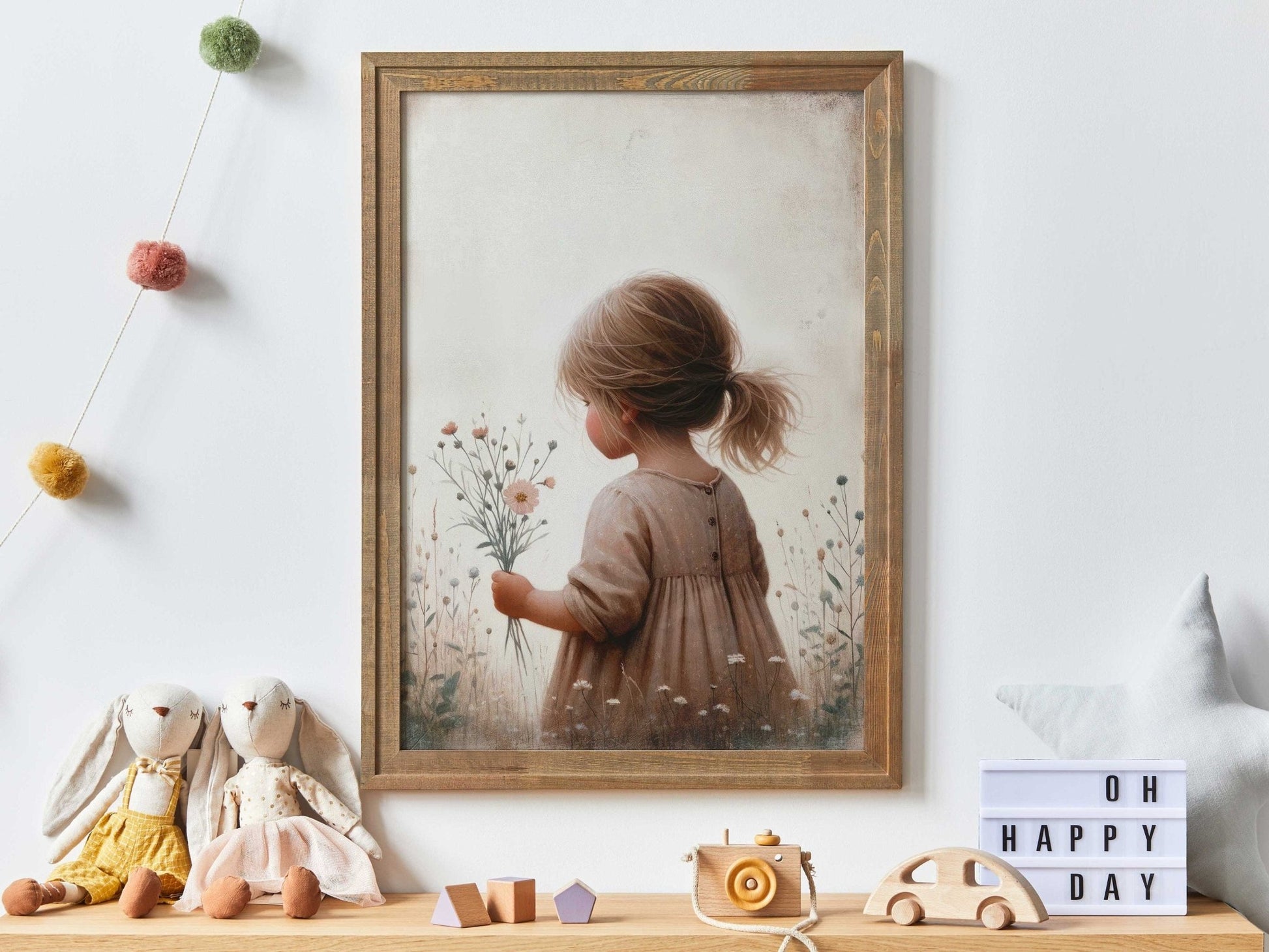 Girly Wall Art Print, Toddler Girl with Flowers Decor, Wildflower Design - WildfieldPrints