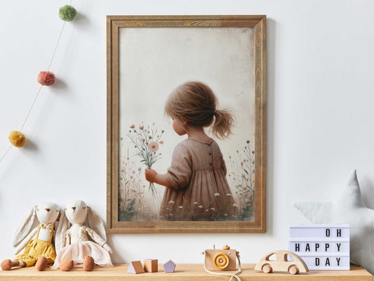 Girly Wall Art Print, Toddler Girl with Flowers Decor, Wildflower Design - WildfieldPrints