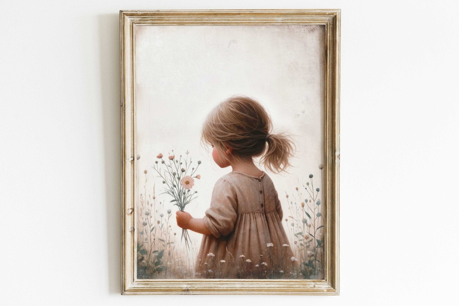 Girly Wall Art Print, Toddler Girl with Flowers Decor, Wildflower Design - WildfieldPrints