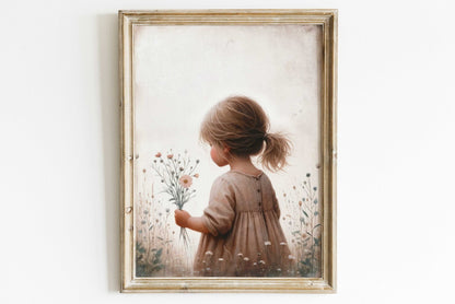 Girly Wall Art Print, Toddler Girl with Flowers Decor, Wildflower Design - WildfieldPrints