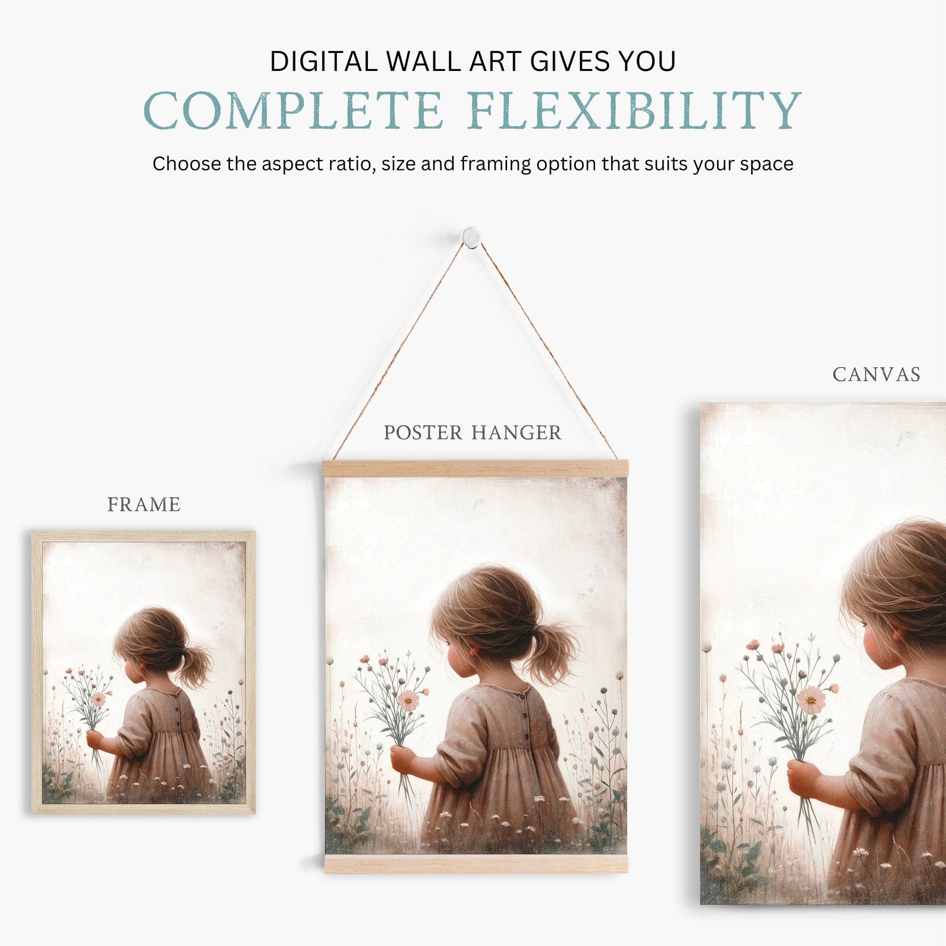 Girly Wall Art Print, Toddler Girl with Flowers Decor, Wildflower Design - WildfieldPrints