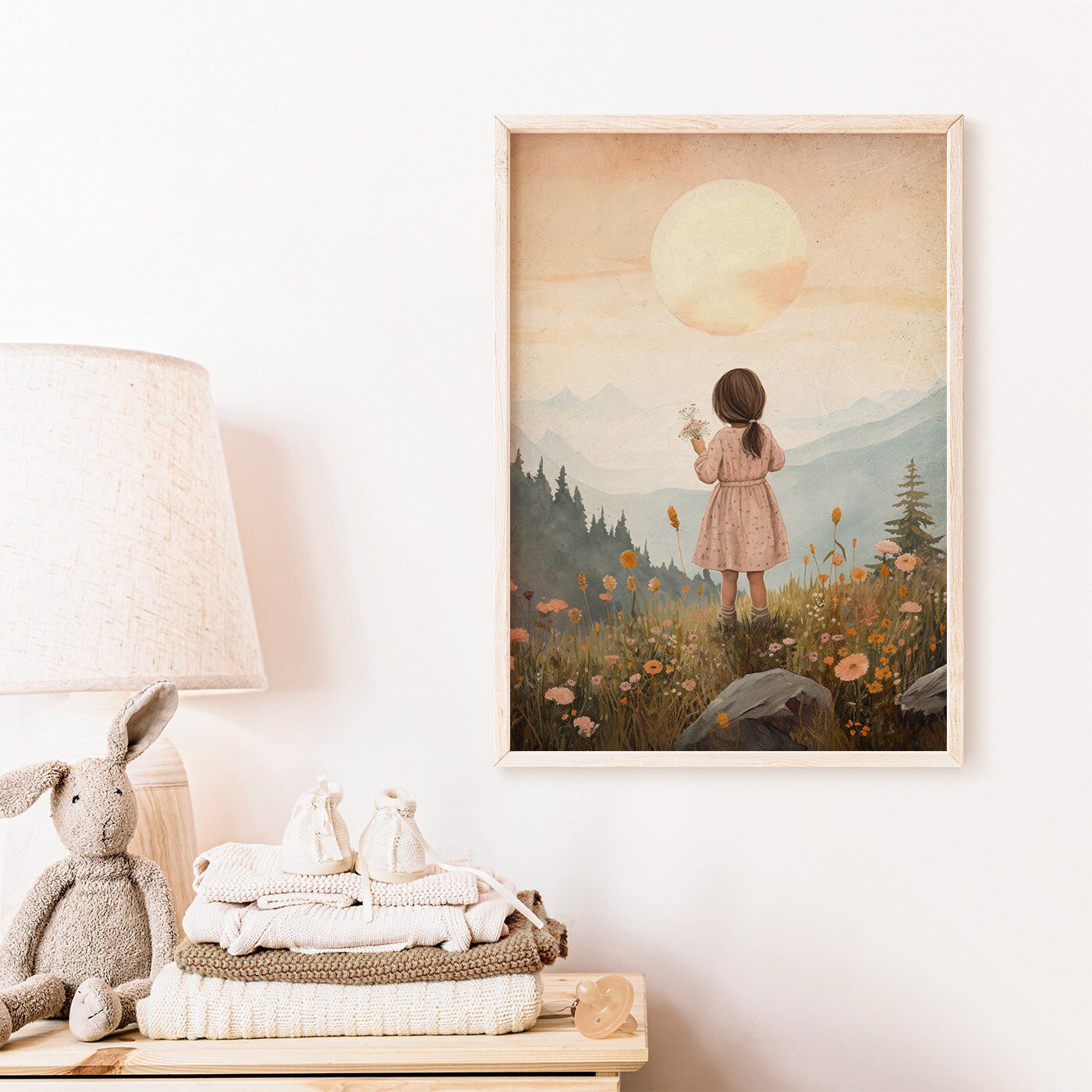 Girly Wall Art Print, Toddler Girl with Flowers, Wildflower Decor - WildfieldPrints