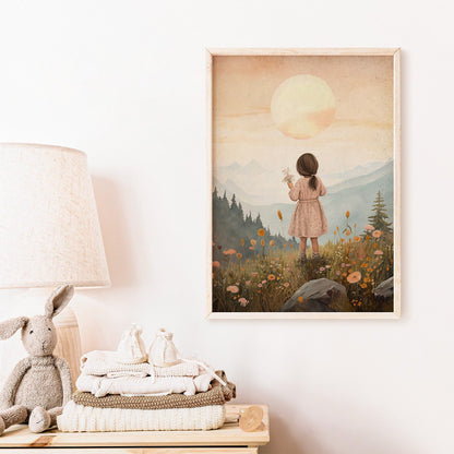 Girly Wall Art Print, Toddler Girl with Flowers, Wildflower Decor - WildfieldPrints