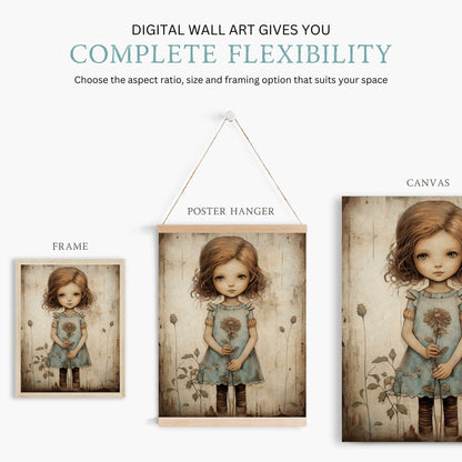 Girly Wall Art Print, Toddler Girl with Flowers, Wildflower Decor - WildfieldPrints