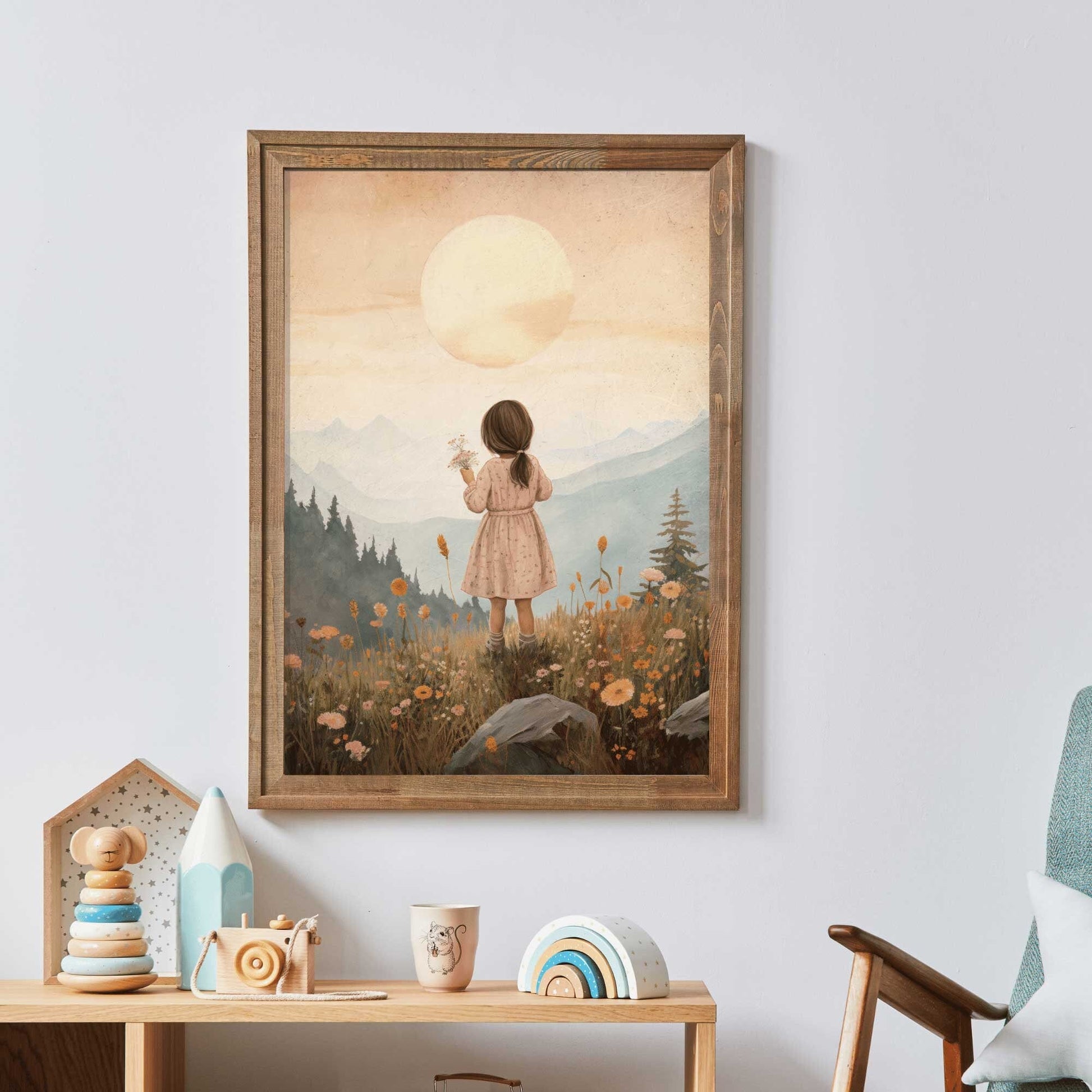 Girly Wall Art Print, Toddler Girl with Flowers, Wildflower Decor - WildfieldPrints